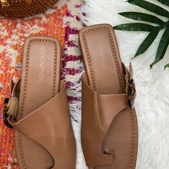 Macy's 12 Thompson Brown Tan Square Toe Slip On Slide Sandal Minimalist 7.5 - Picture 3 of 8